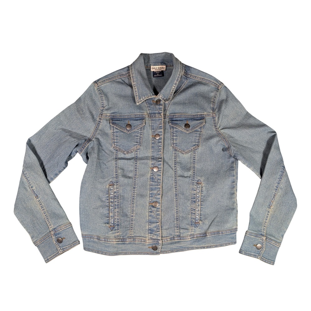 Vintage Gold Strike Casino Denim Jacket Womens M Rhinestone Slots Vegas Y2K Jean